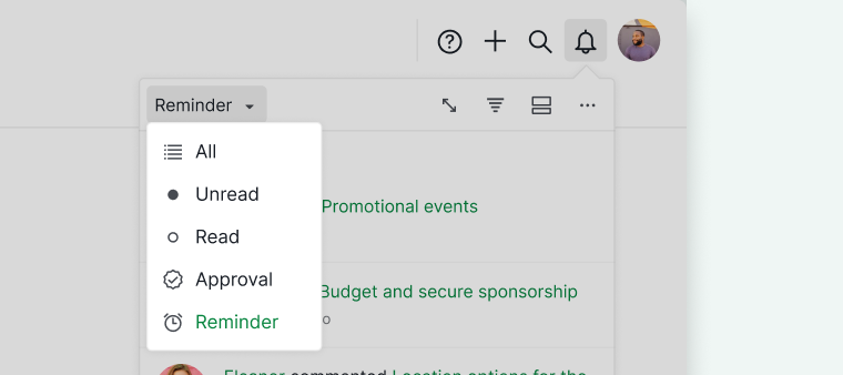 Reminder tab in the Quire Notifications panel