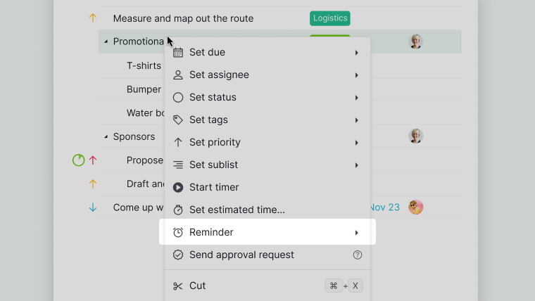 Add a reminder to a task from its right-click context menu in Quire