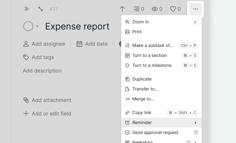 Add a reminder to a task from the More Options menu in its detail panel in Quire