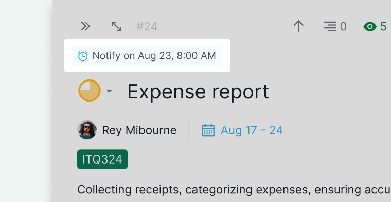 Task reminder shown at the top of the task detail panel in Quire