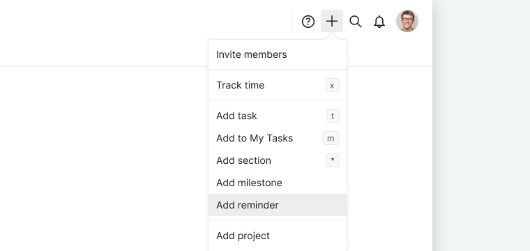 Add a standalone reminder from the workspace Add icon in Quire