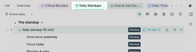 daily standups sublist collecting every instance of the recurring meeting task