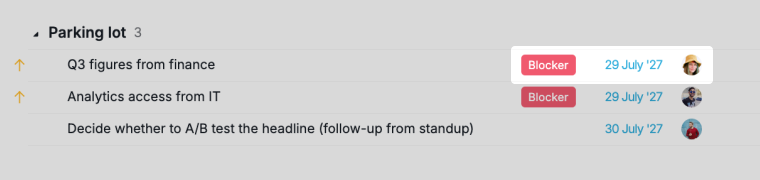 a parked blocker task with an assignee, a due date, and the blocker tag