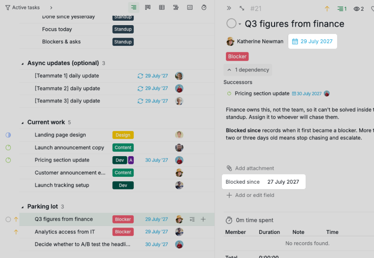parking lot tasks with the blocked since date field