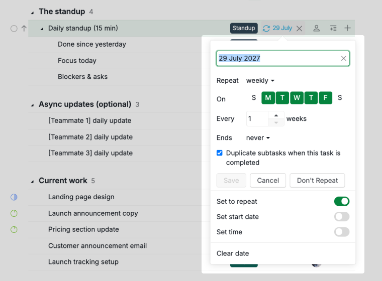 repeat settings for the daily standup task set to Monday through Friday