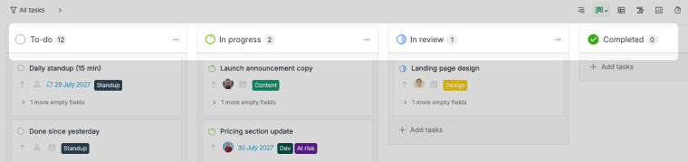 board view showing current work across to-do, in progress, in review, and completed columns
