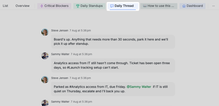a chat channel holding the daily standup thread