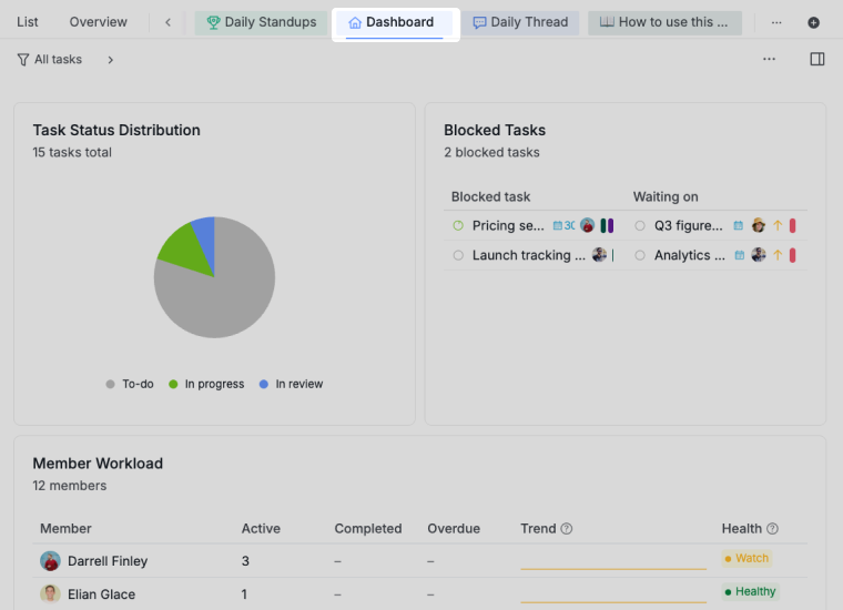 dashboard with blocked tasks, member workload, and task status distribution widgets