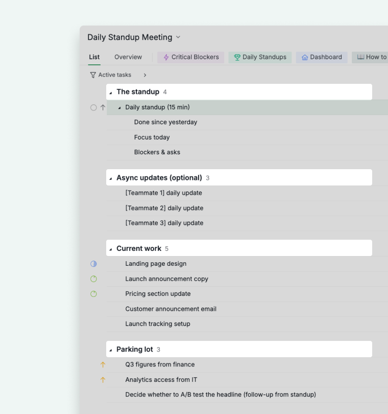 four sections of the daily standup meeting project in list view