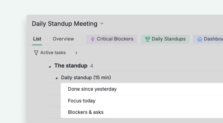 daily standup task with three subtasks for done, focus, and blockers