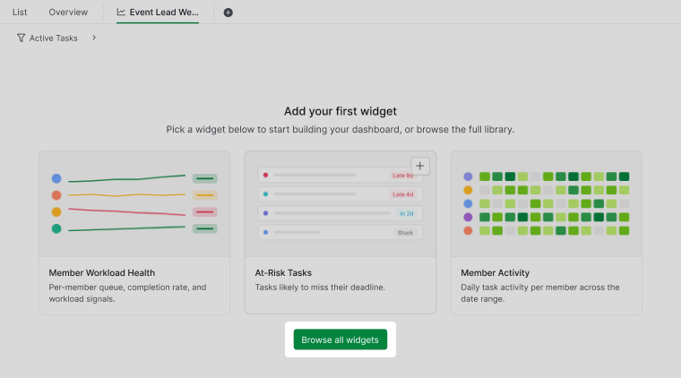 Browse all widgets button in Quire
