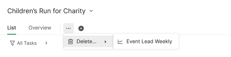 Deleted dashboards under the More Options icon in the top bar