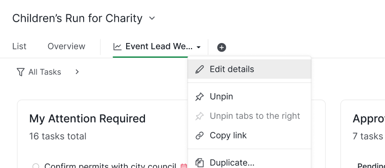 Edit dashboard details in Quire
