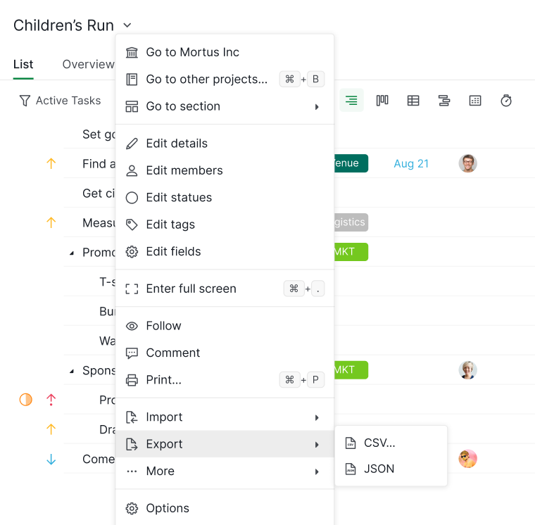 export project to CSV or JSON file