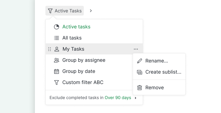 Rename, create a sublist, or remove a saved filter in Quire