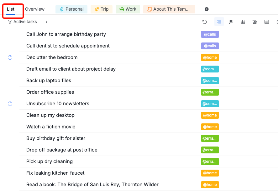 GTD inbox in main list