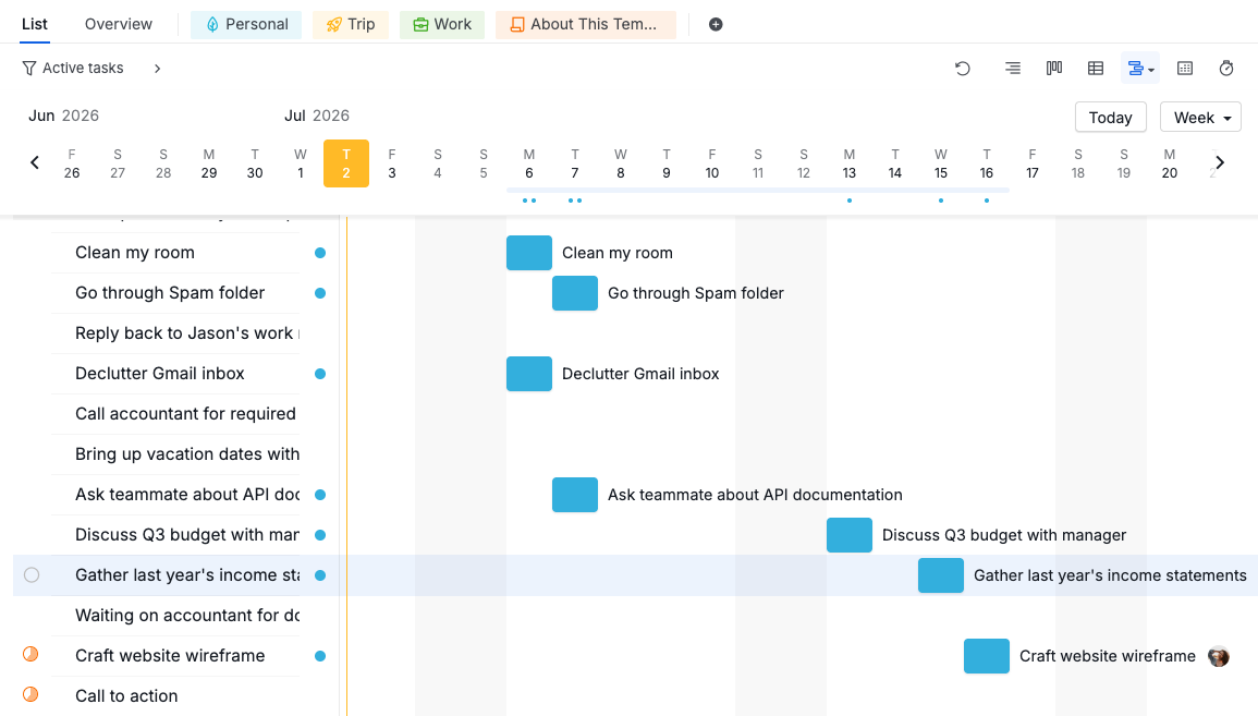 calendar tasks in timeline view