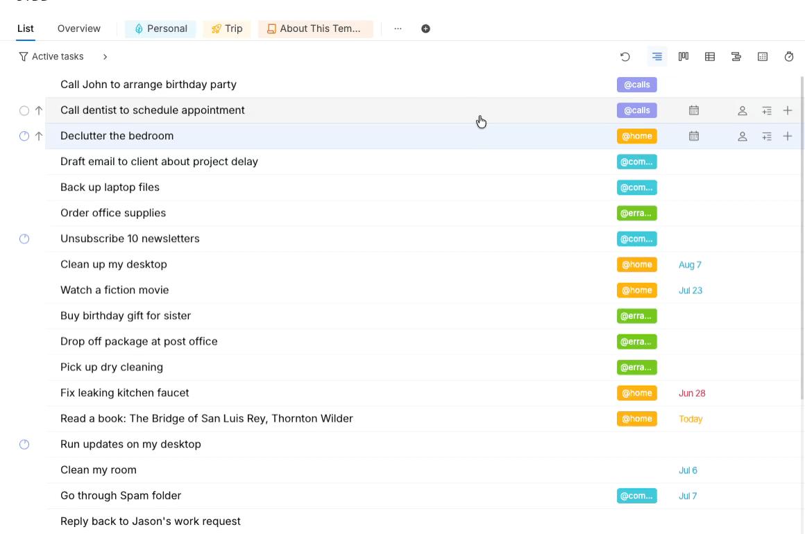 context tags and sublists for next actions