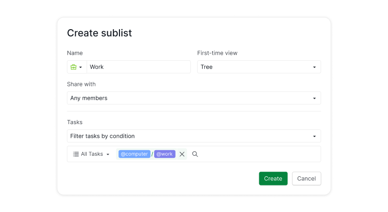 context tags and sublists for next actions