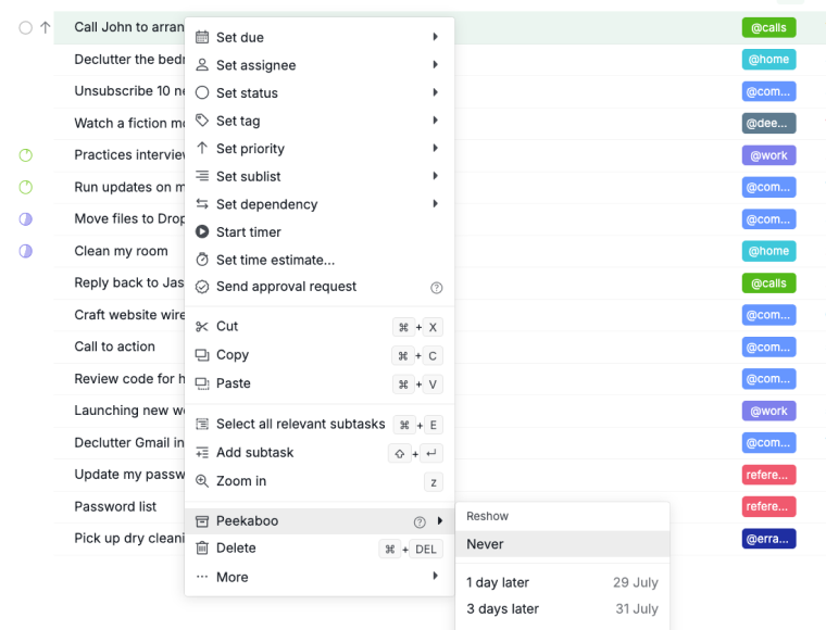 Peekaboo a task using the right-click context menu in Quire