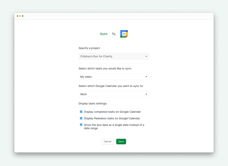 Google Calendar Two-Way Sync with Quire and choosing Quire project
