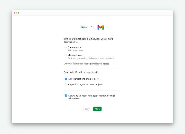 Quire Gmail Add-on giving permission