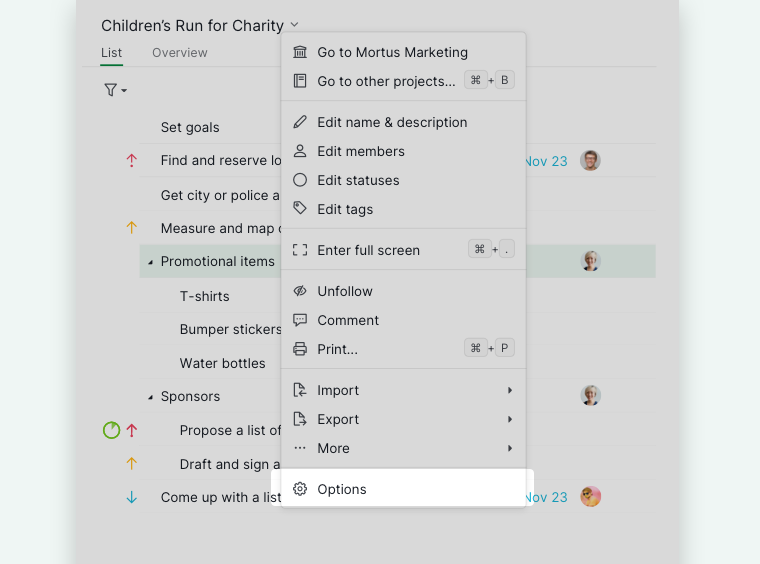 project settings context menu