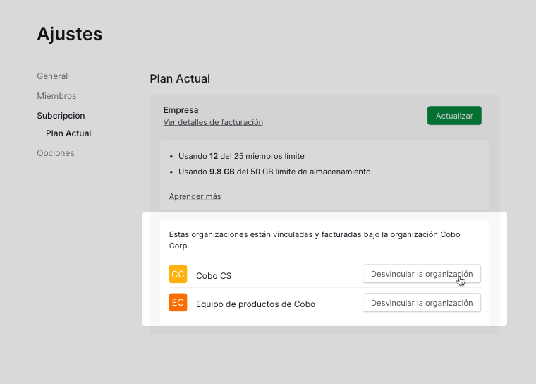 desvincular organizaciones Free desde la configuración de la organización principal