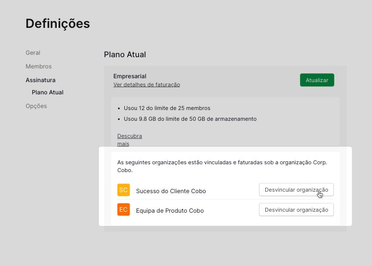 desligar organizações free das definições da organização principal