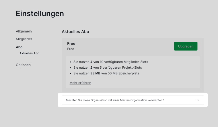 Dropdown-Option zum Verknüpfen einer Free-Organisation mit einer Master-Organisation