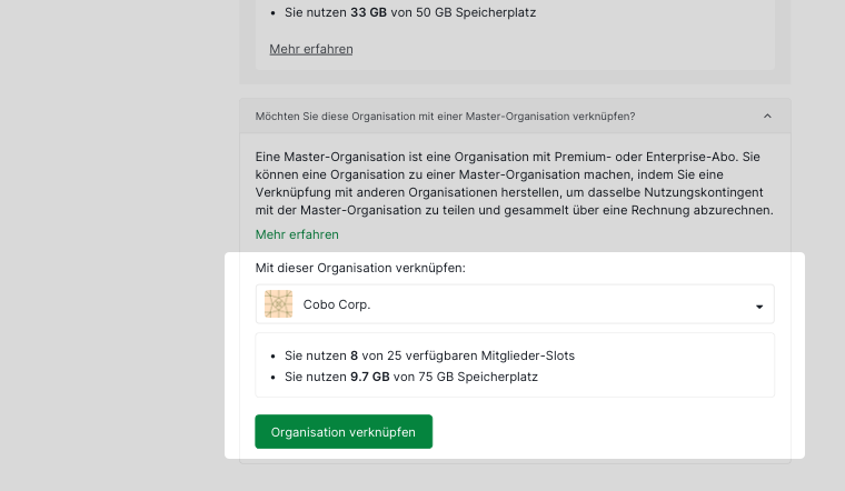 Erweitertes Dropdown-Menü mit verfügbaren Master-Organisationen