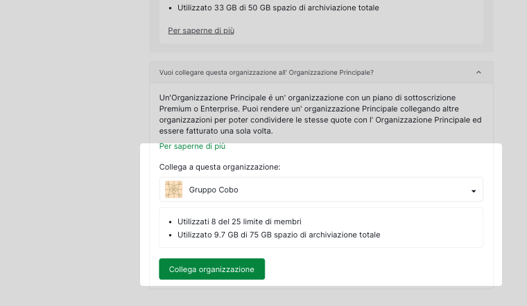 menu a discesa espanso che mostra le Organizzazioni principali disponibili