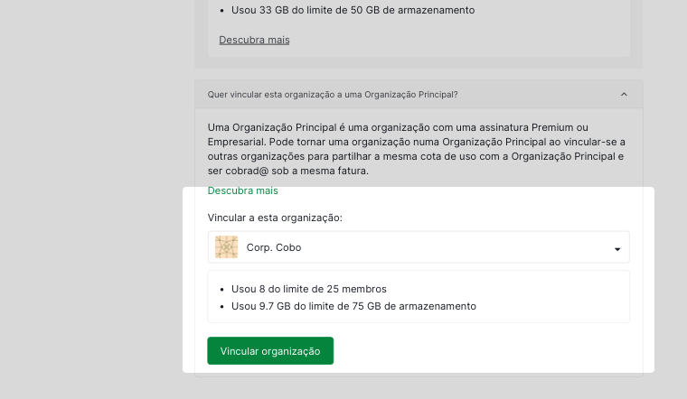menu pendente expandido a mostrar as organizações principais disponíveis