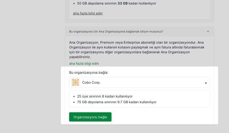 Kullanılabilir Ana organizasyonları gösteren genişletilmiş açılır menü
