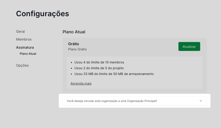 opção de menu suspenso para vincular uma organização Free a uma organização principal