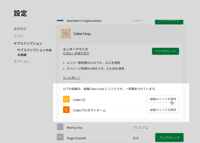マスター組織配下の Free 組織のリンク解除ボタン