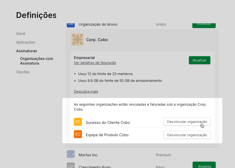 botão de desligar para organizações free sob a organização principal