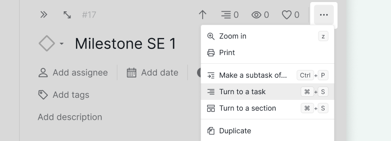 Turn a milestone into a Quire task using the More Options menu