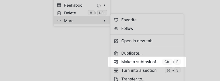 make a substask of another task using context menu