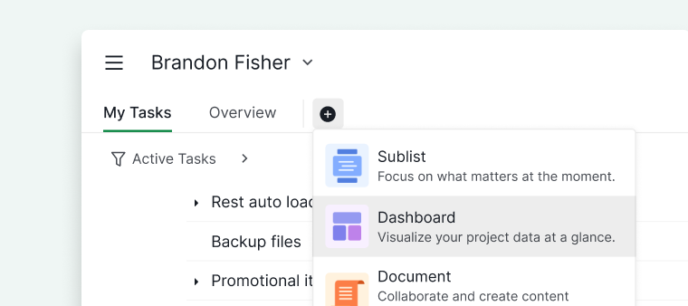 Creating a dashboard in My Tasks