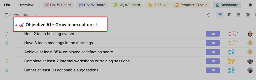 objectives as sections in the main list