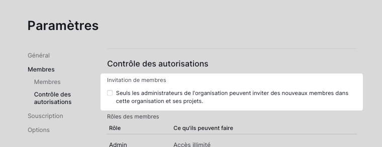 Paramètres d'autorisation d'invitation des membres de l'organisation dans Quire