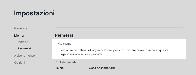 Impostazioni dei Permessi di invito dei membri dell'organizzazione in Quire