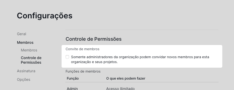 Configurações de Permissão de convite de Membros da organização no Quire