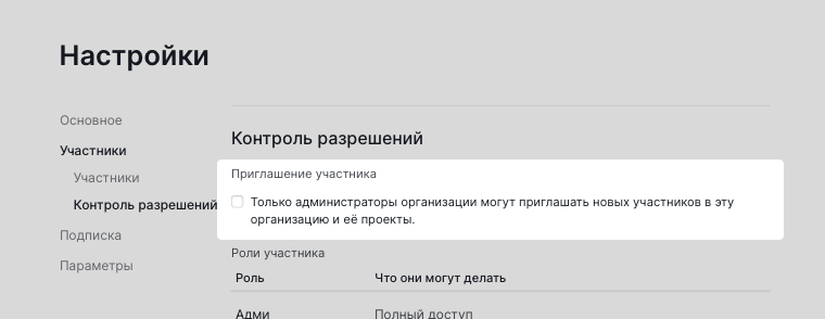 Настройки разрешений на приглашение участников организации в Quire