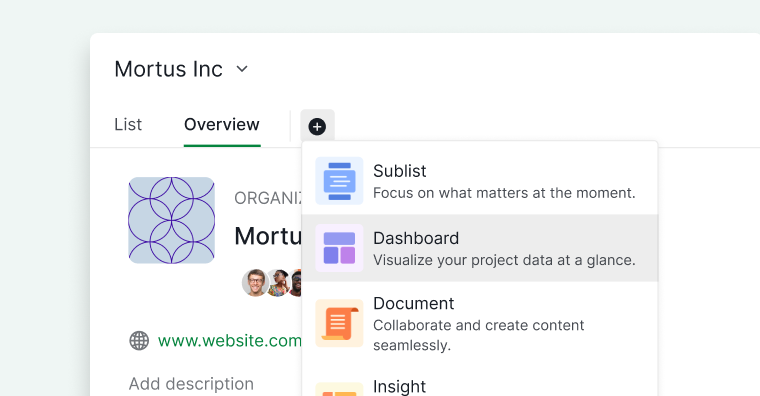create a dashboard at the organization level in Quire