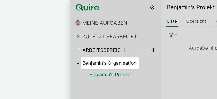 Quire-Seitenleiste mit einer Organisation und den zugehörigen Projekten