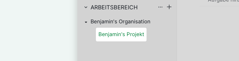 Quire-Seitenleiste mit einem Projekt, das seiner Organisation zugeordnet ist
