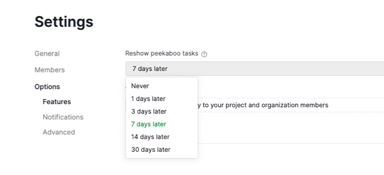 reshow peekaboo tasks in settings