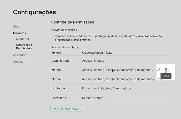 Excluir uma Permissão de Função